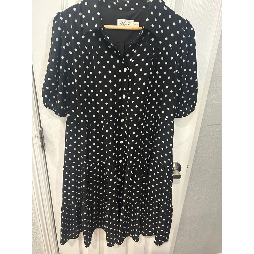 Eliza J Shirt Dress Black Polka Dot‎ Tiered Puff Sleeve Button Front Mini 8